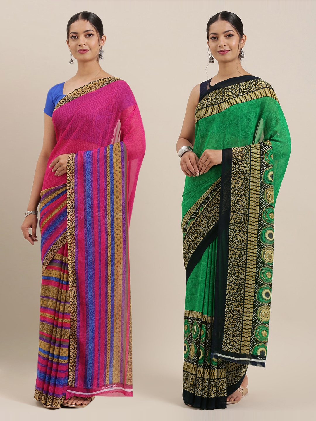 

KALINI Pack Of 2 Printed Poly Georgette Sarees, Green