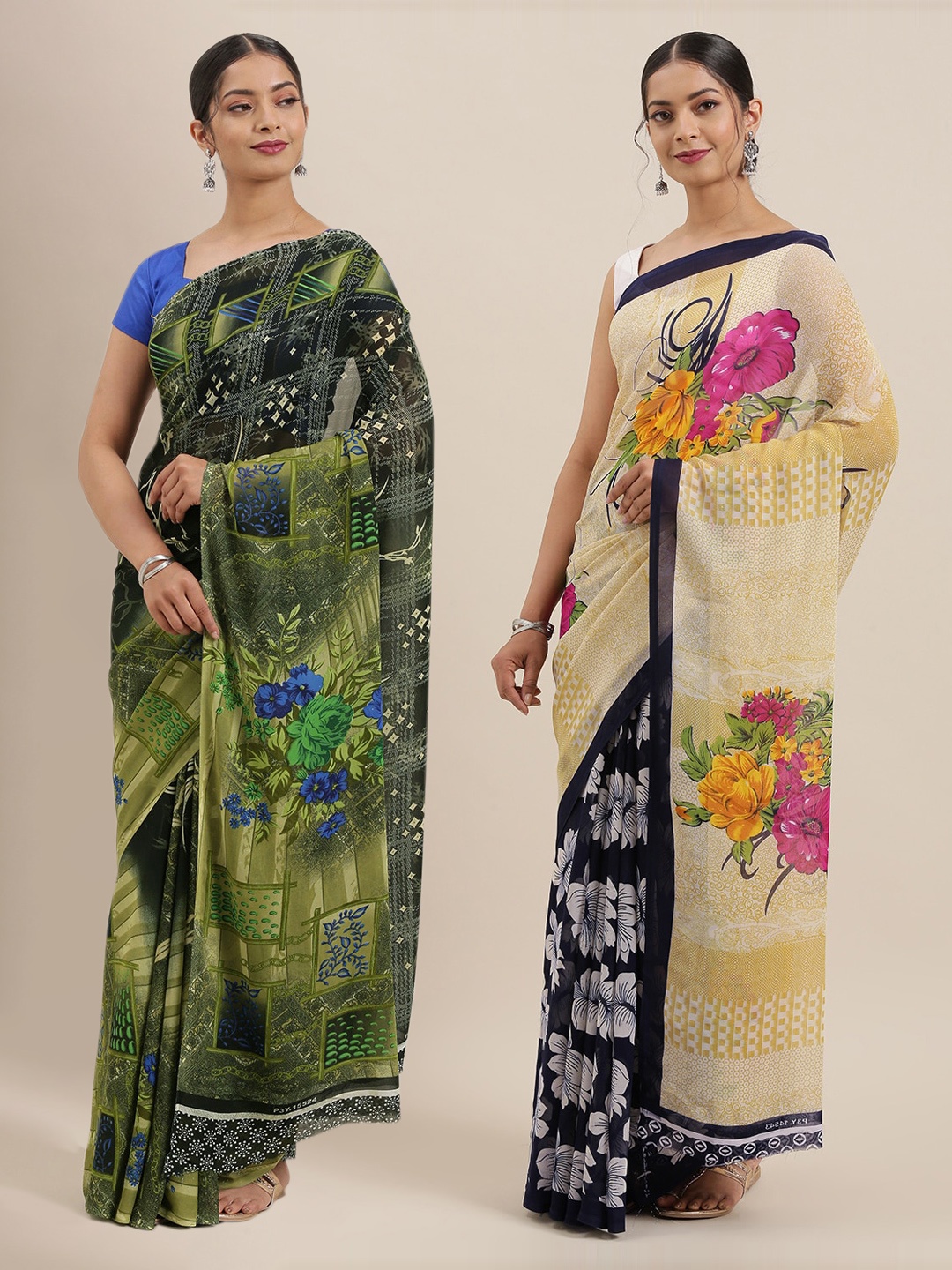 

KALINI Pack of 2 Printed Sarees, Beige