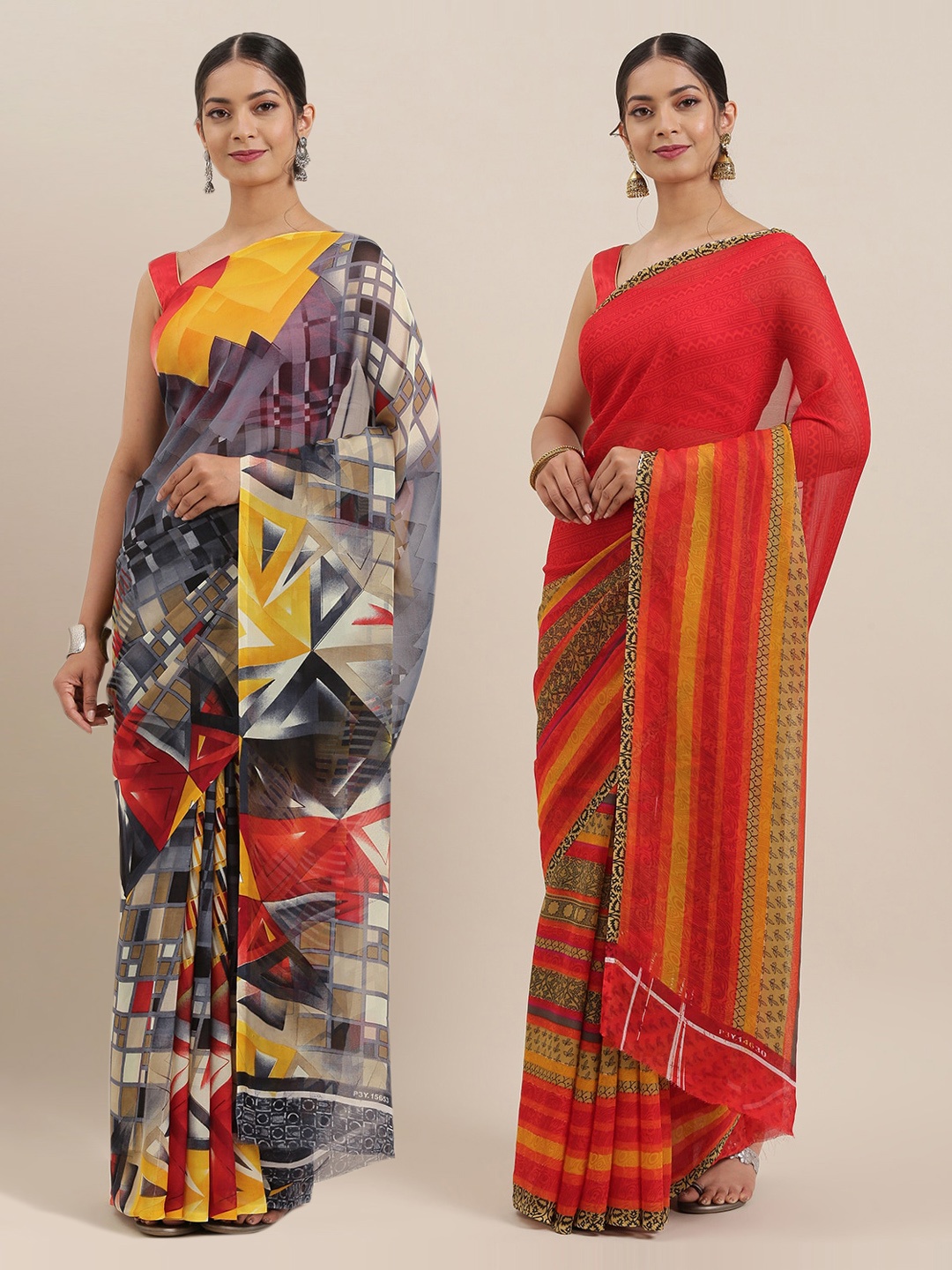 

ANAND SAREES Set Of 2 Poly Georgette Printed Saree, Red