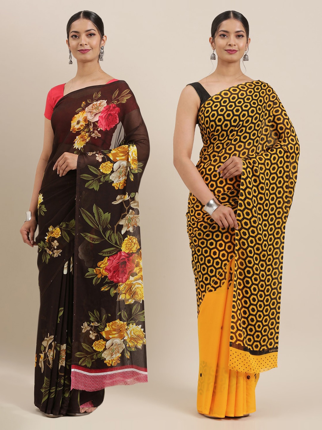 

KALINI Pack Of 2 Printed Poly Georgette Sarees, Coffee brown