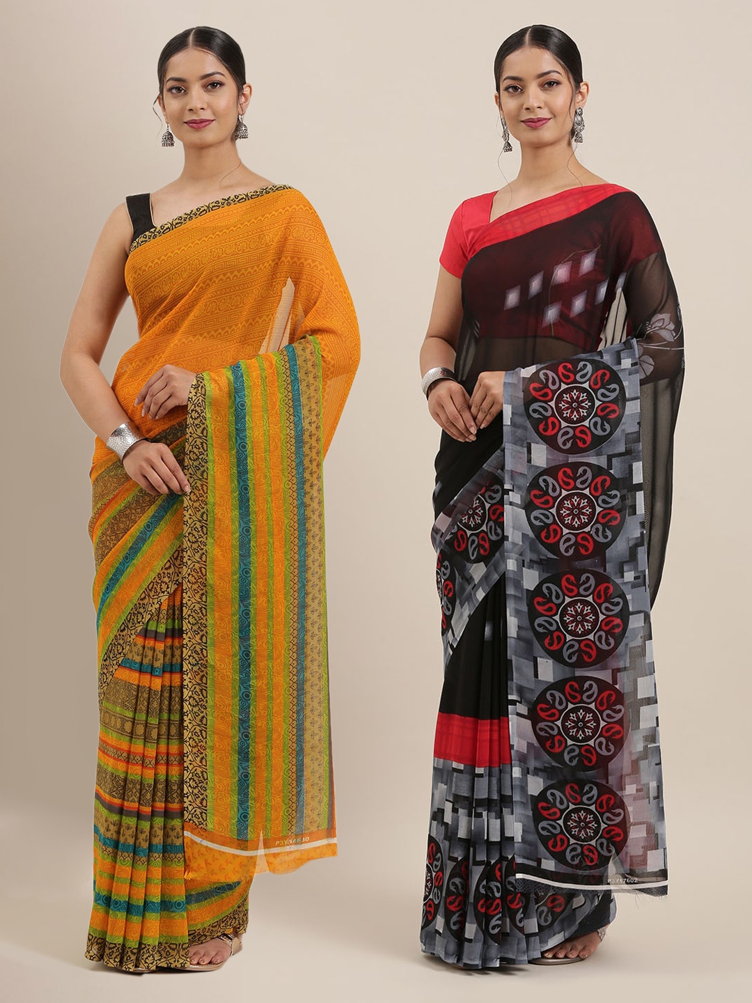 

ANAND SAREES Pack of 2 Printed Black & Mustard Poly Georgette Sarees