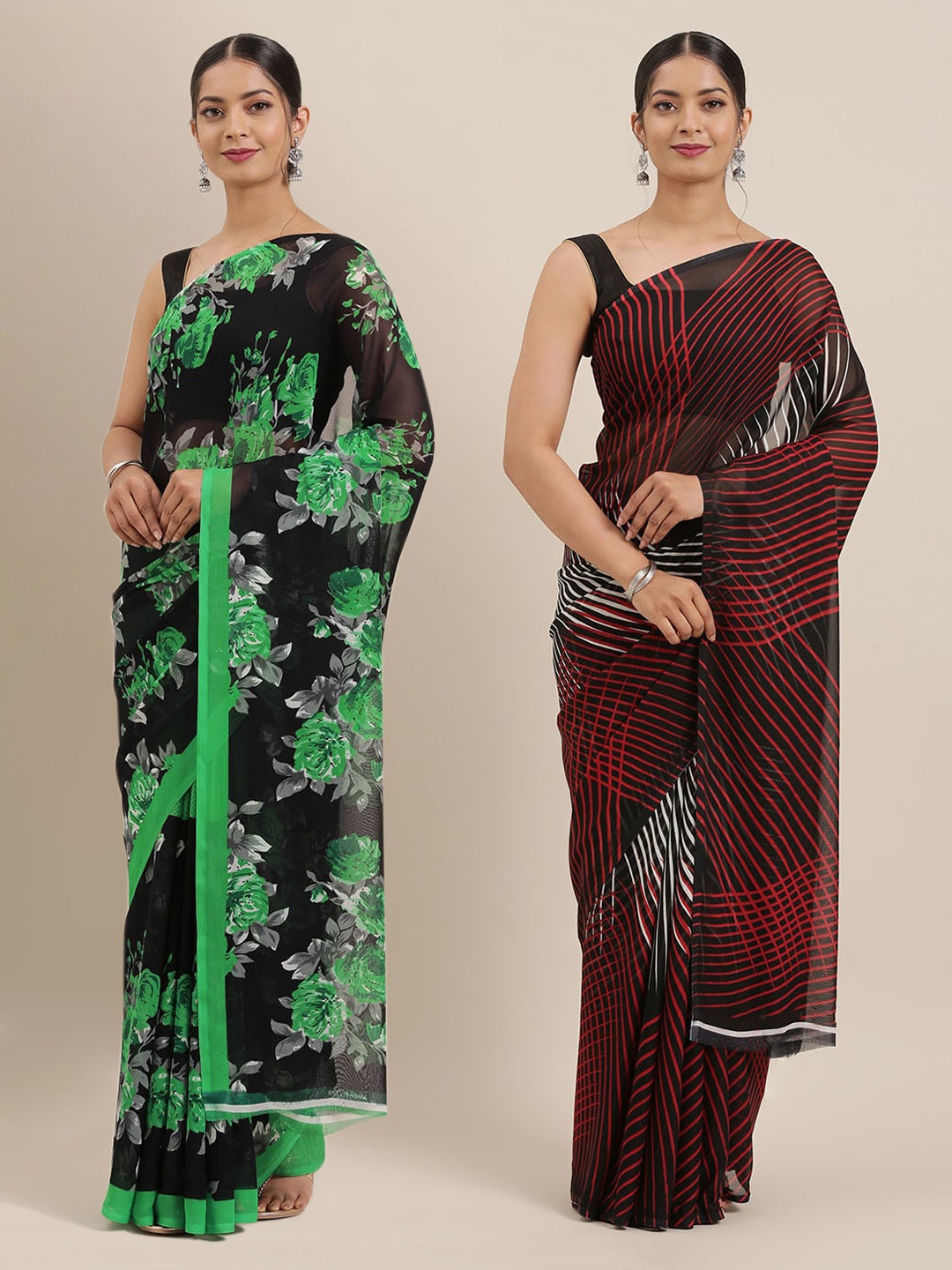 

ANAND SAREES Pack of 2 Red & Green Striped Poly Georgette Saree