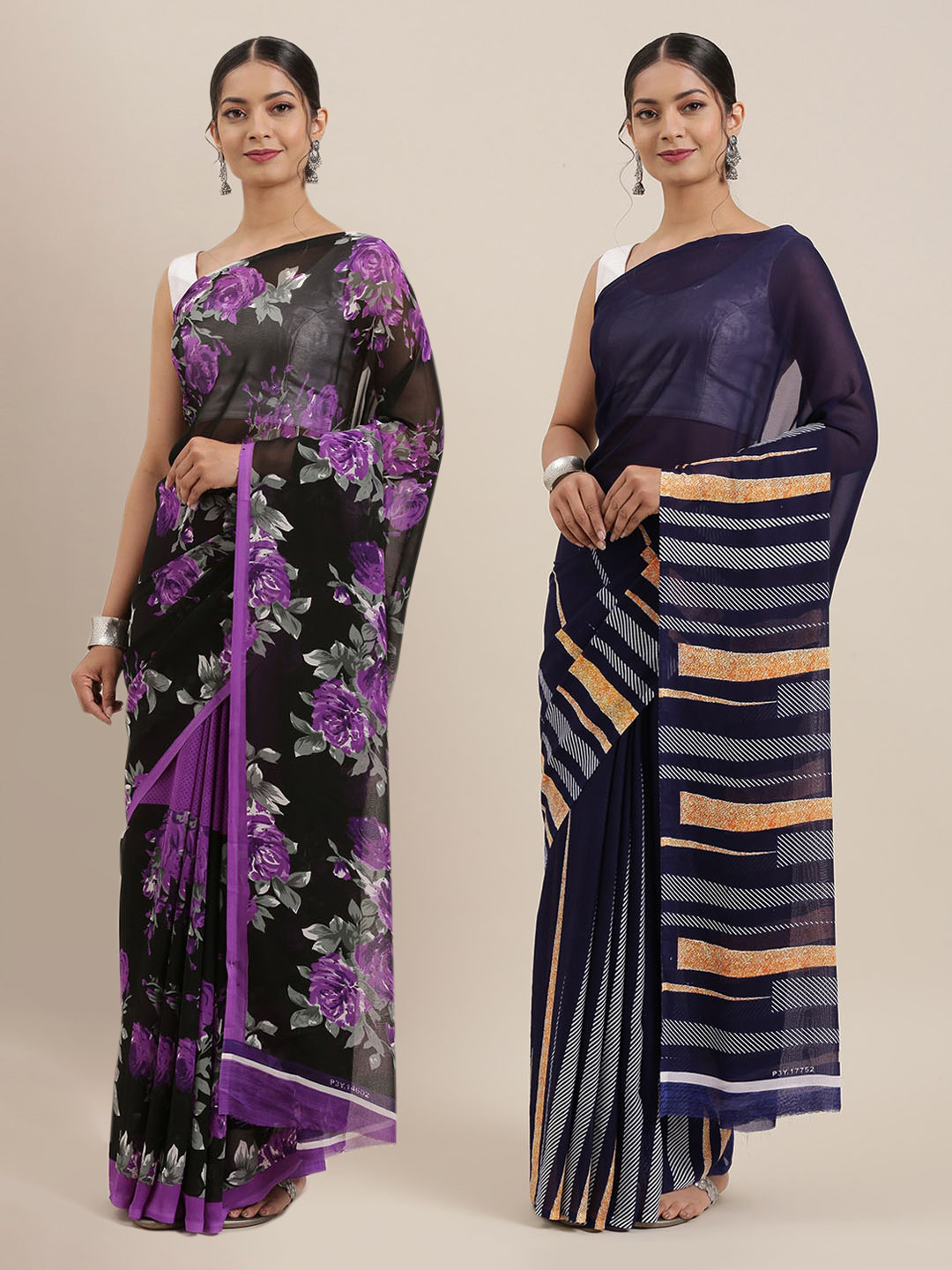 

KALINI Pack Of 2 Printed Poly Georgette Sarees, Navy blue