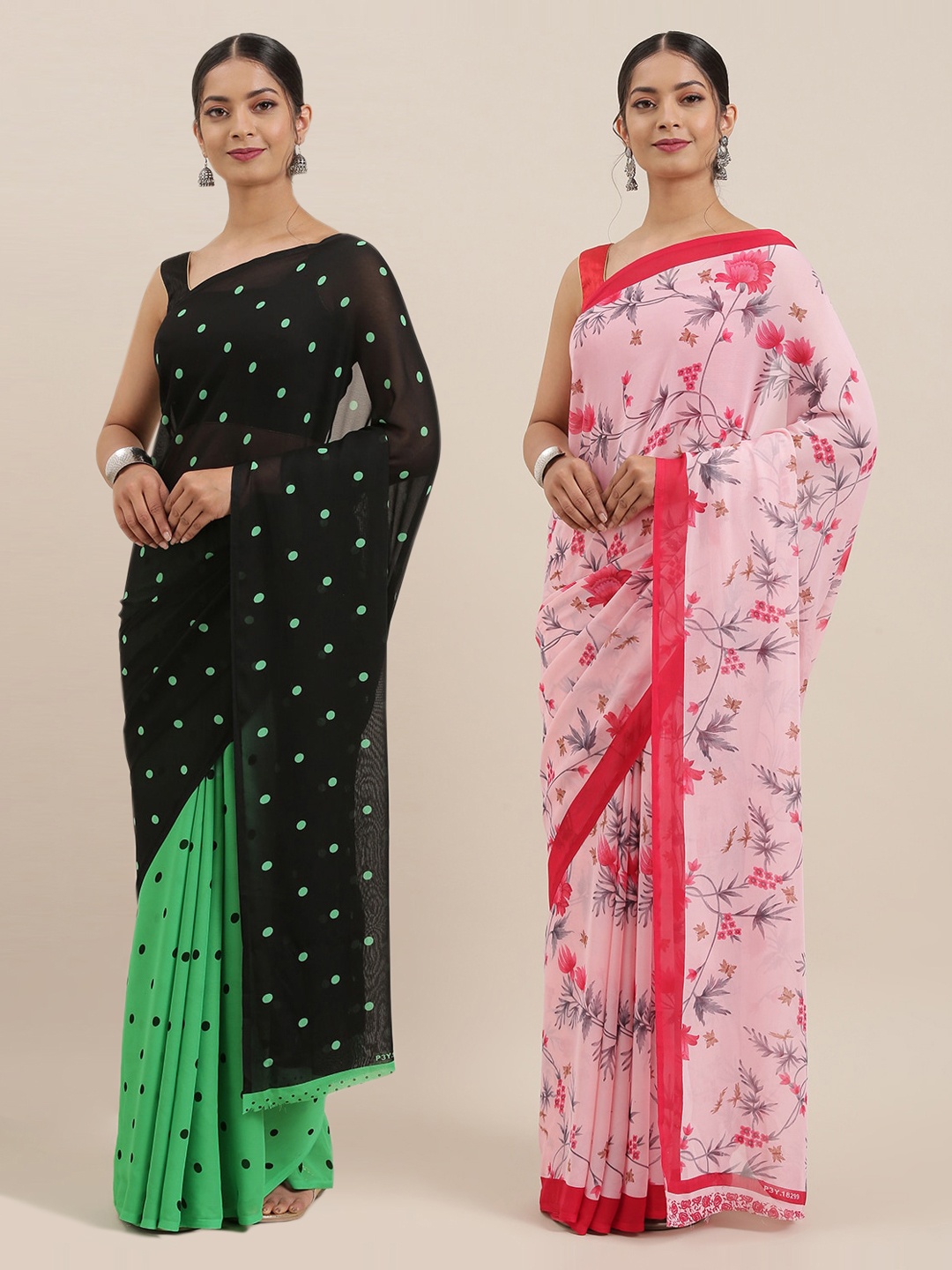 

KALINI Pack of 2 Pink & Green Floral Poly Georgette Saree