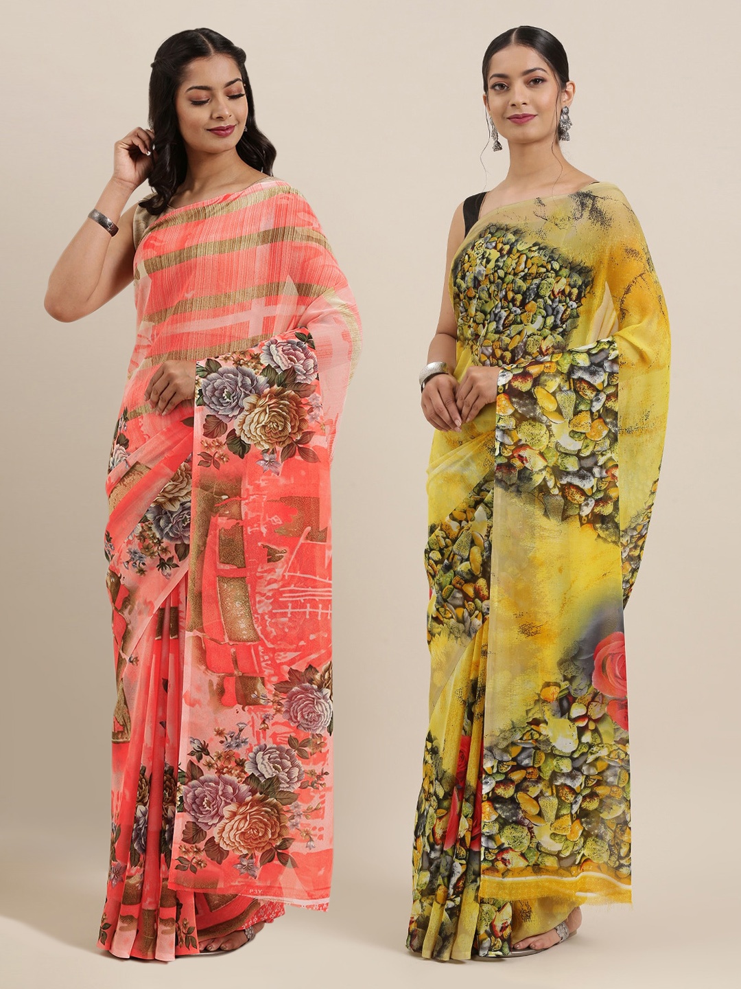 

ANAND SAREES Pack Of 2 Printed Poly Georgette Sarees, Yellow