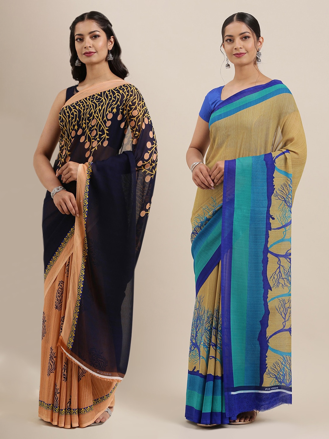 

ANAND SAREES Pack Of 2 Printed Poly Georgette Sarees, Beige