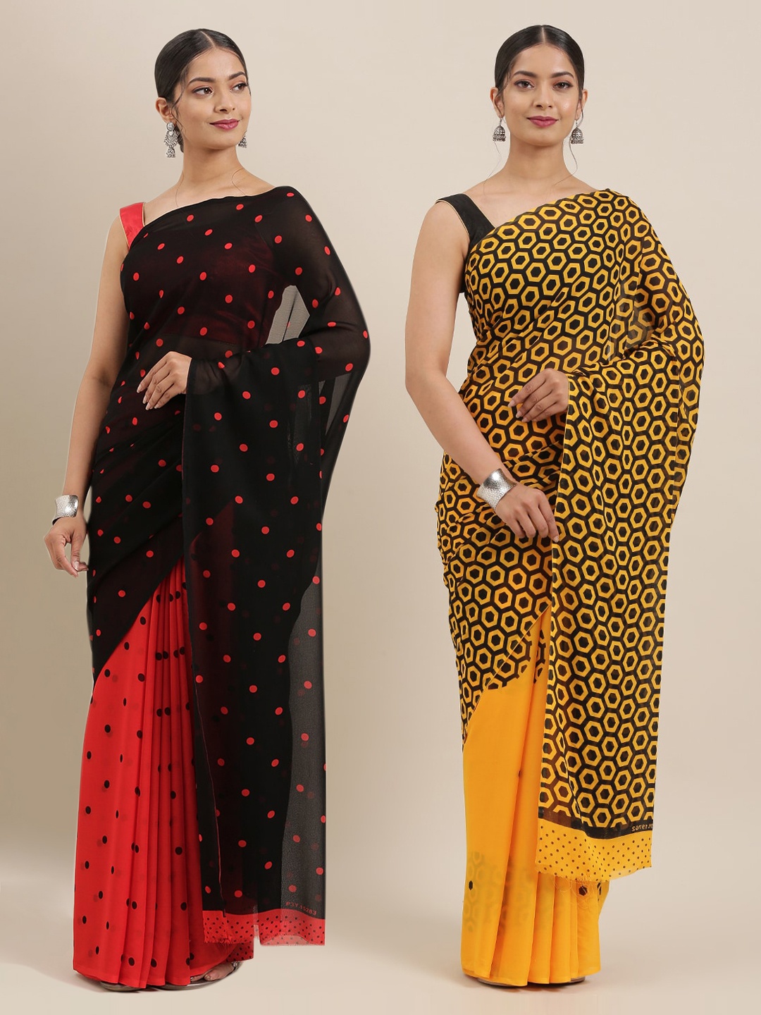 

KALINI Pack of 2 Printed Black & Yellow Poly Georgette Sarees