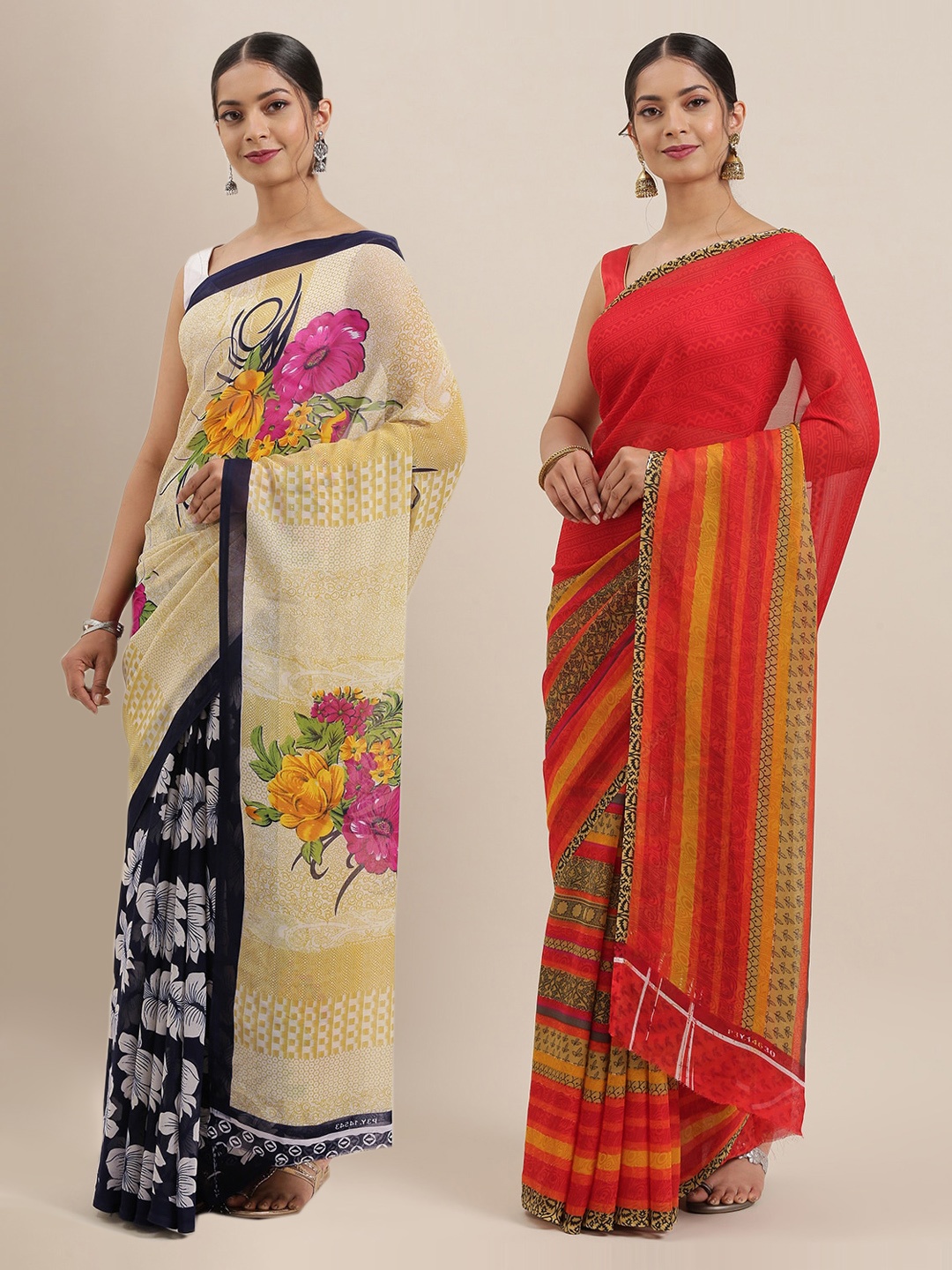 

ANAND SAREES Pack of 2 Red & Beige Floral Poly Georgette Saree