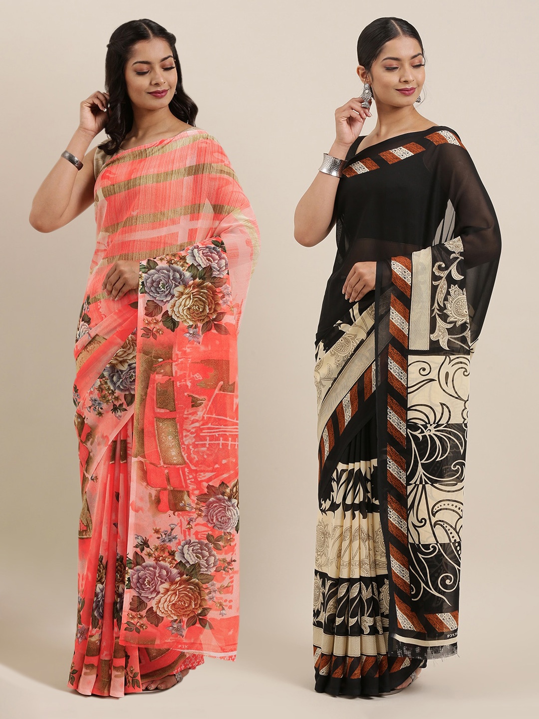 

ANAND SAREES Pack Of 2 Printed Poly Georgette Sarees, Black