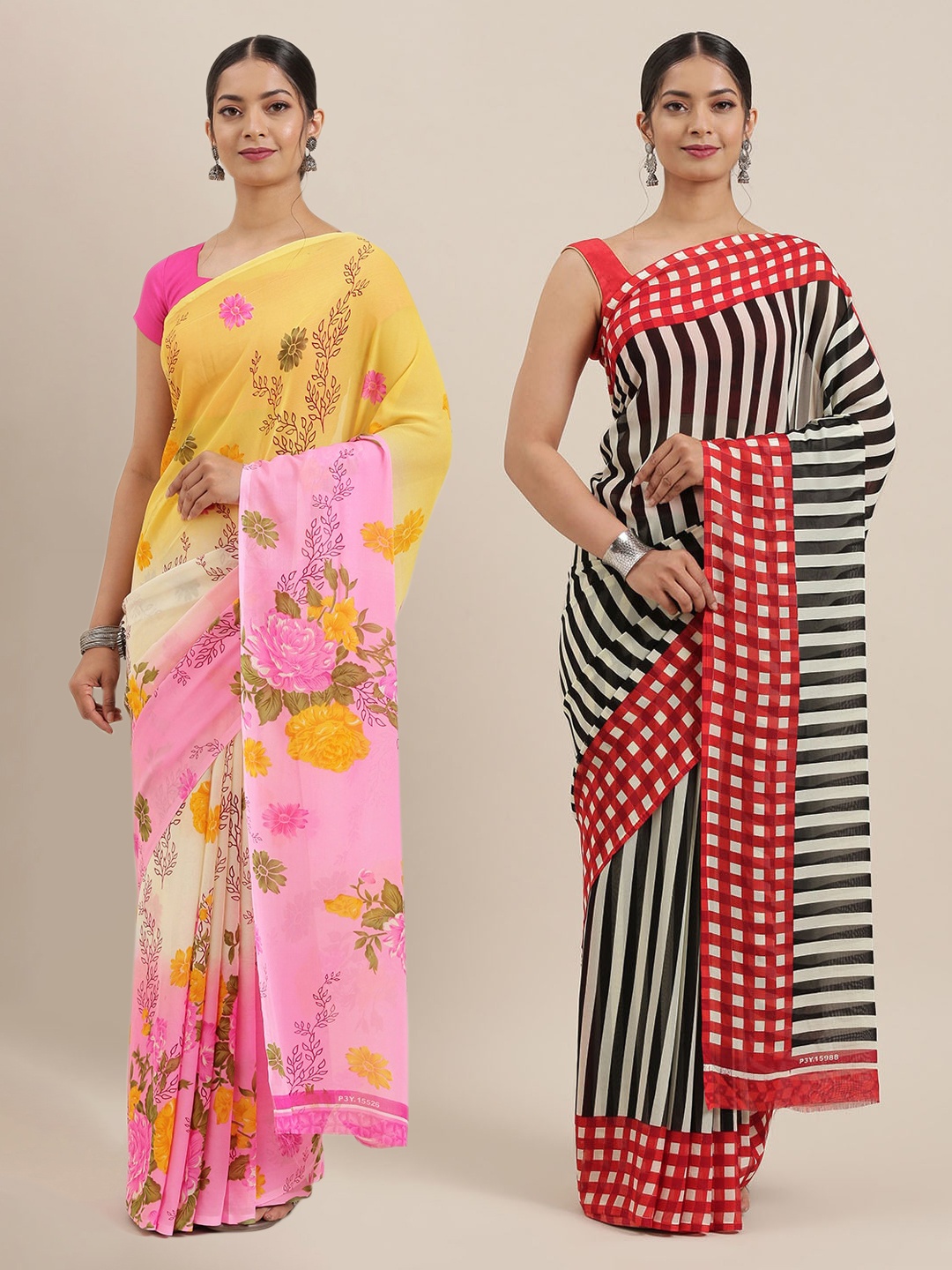 

KALINI Pack of 2 Printed Sarees, White