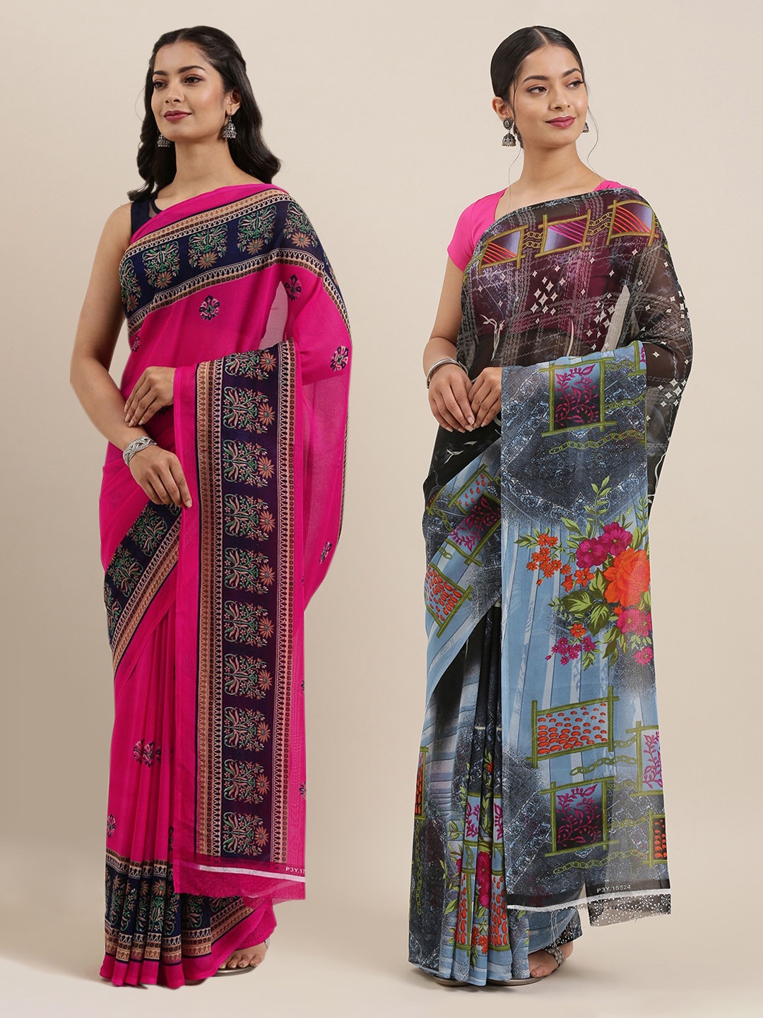 

KALINI Set Of 2 Poly Georgette Printed Saree, Black