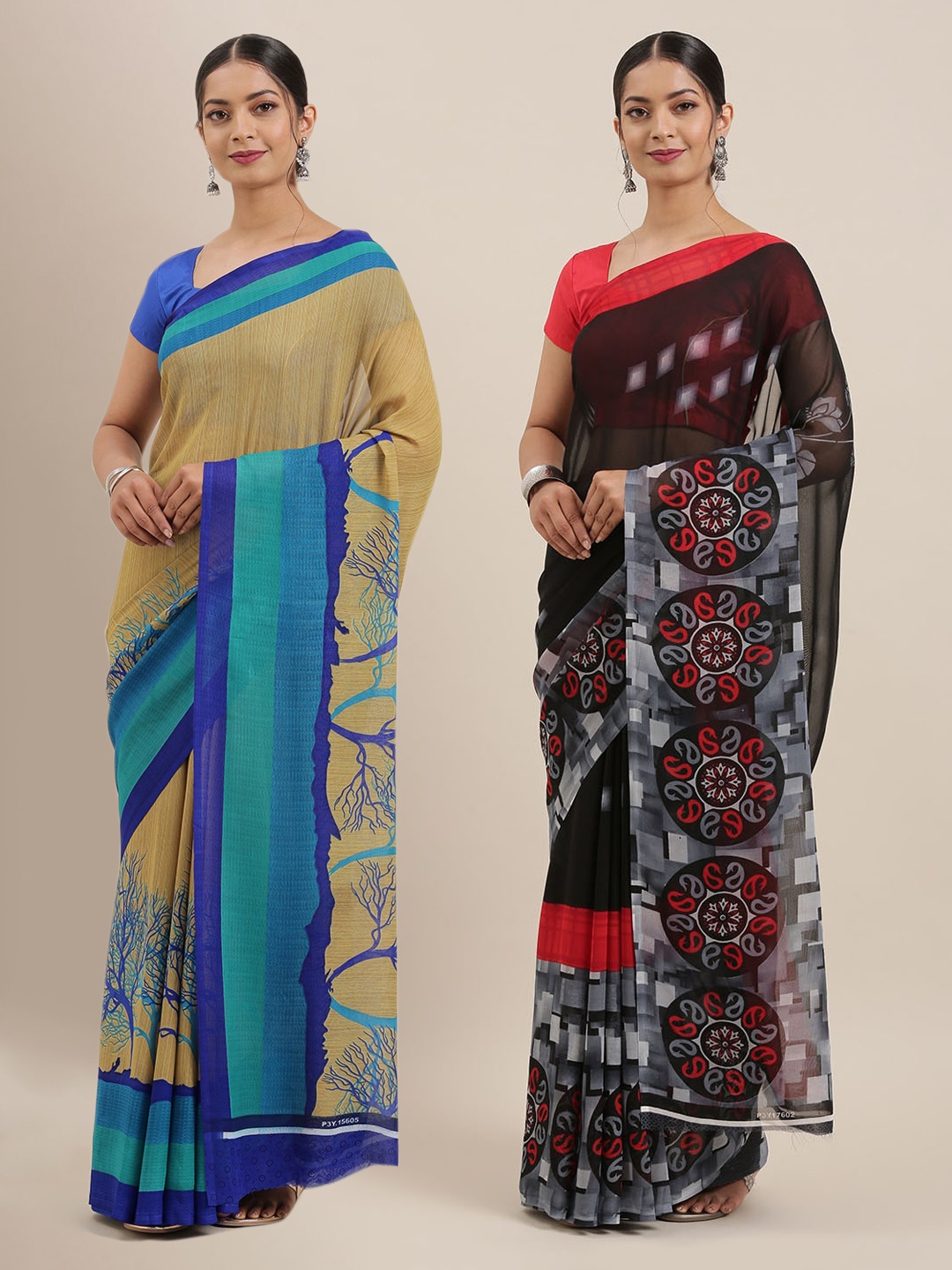 

ANAND SAREES Pack Of 2 Printed Poly Georgette Sarees, Black