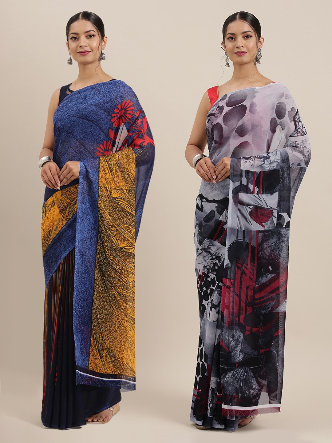 

ANAND SAREES Pack of 2 Grey & Blue Printed Poly Georgette Sarees