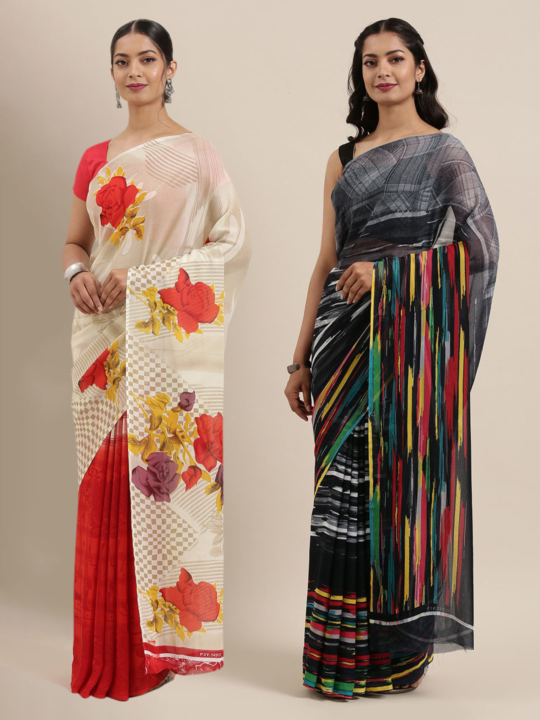 

ANAND SAREES Pack Of 2 Printed Poly Georgette Sarees, White