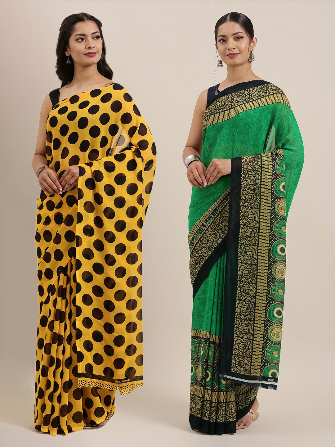 

KALINI Pack Of 2 Printed Poly Georgette Sarees, Yellow