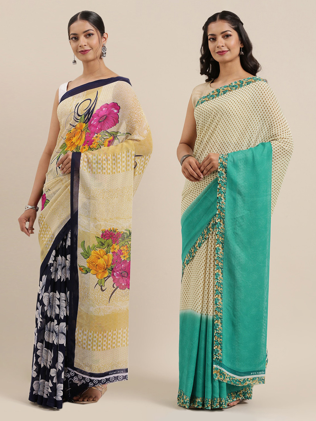 

ANAND SAREES Pack of 2 Printed Sarees, Cream