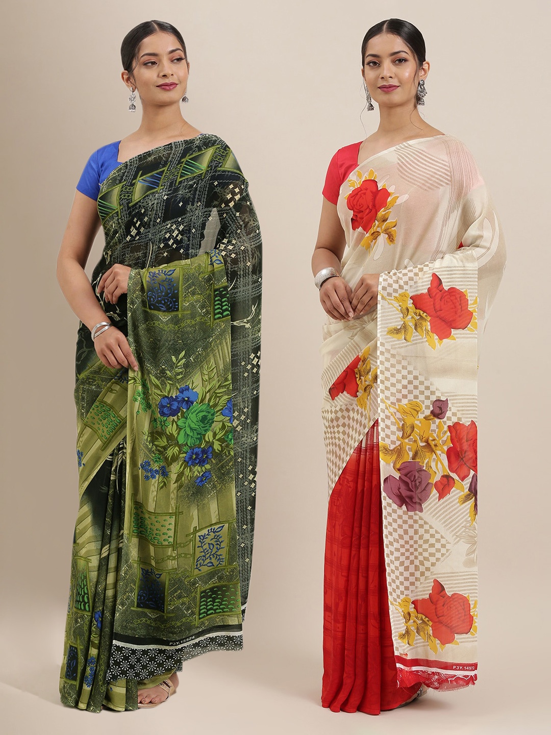 

KALINI Pack Of 2 Printed Poly Georgette Sarees, White