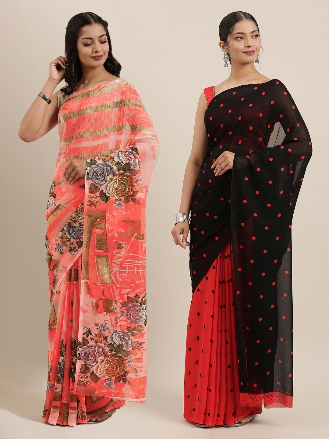 

ANAND SAREES Pack Of 2 Poly Georgette Saree, Coral