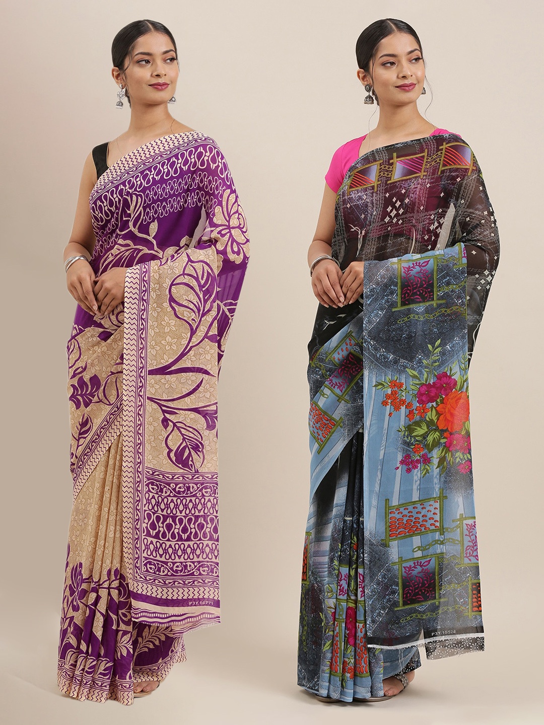 

ANAND SAREES Pack of 2 Black & Purple Printed Poly Georgette Sarees
