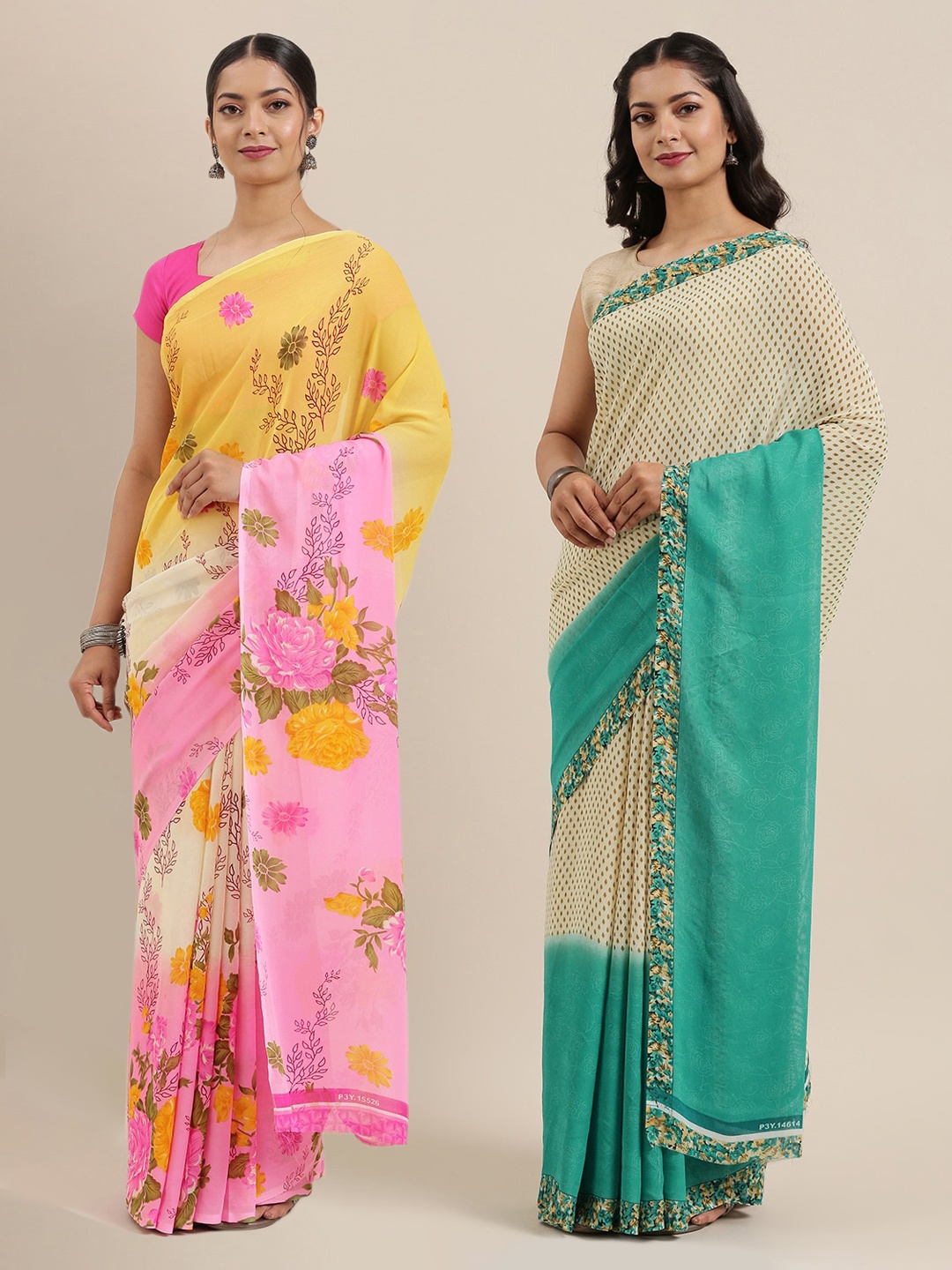 

ANAND SAREES Set Of 2 Poly Georgette Printed Saree, Cream