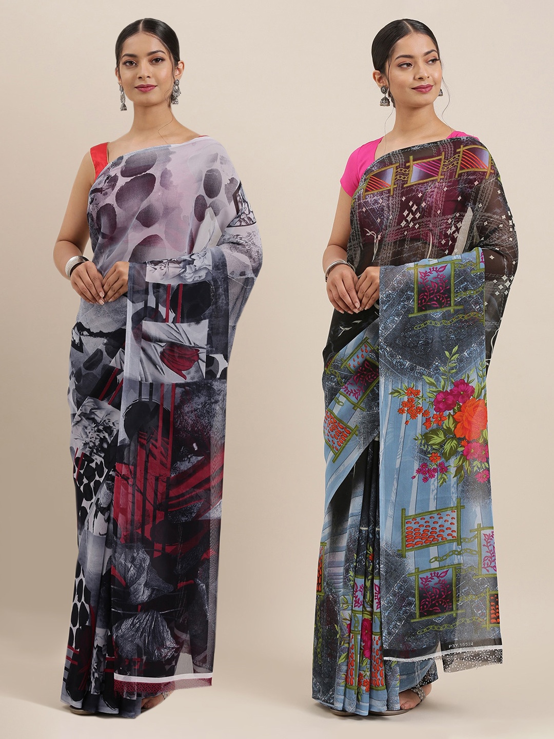 

ANAND SAREES Pack Of 2 Printed Poly Georgette Sarees, Black