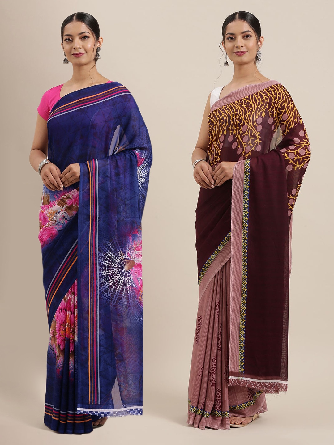 

ANAND SAREES Pack of 2 Purple & Mauve Floral Poly Georgette Saree