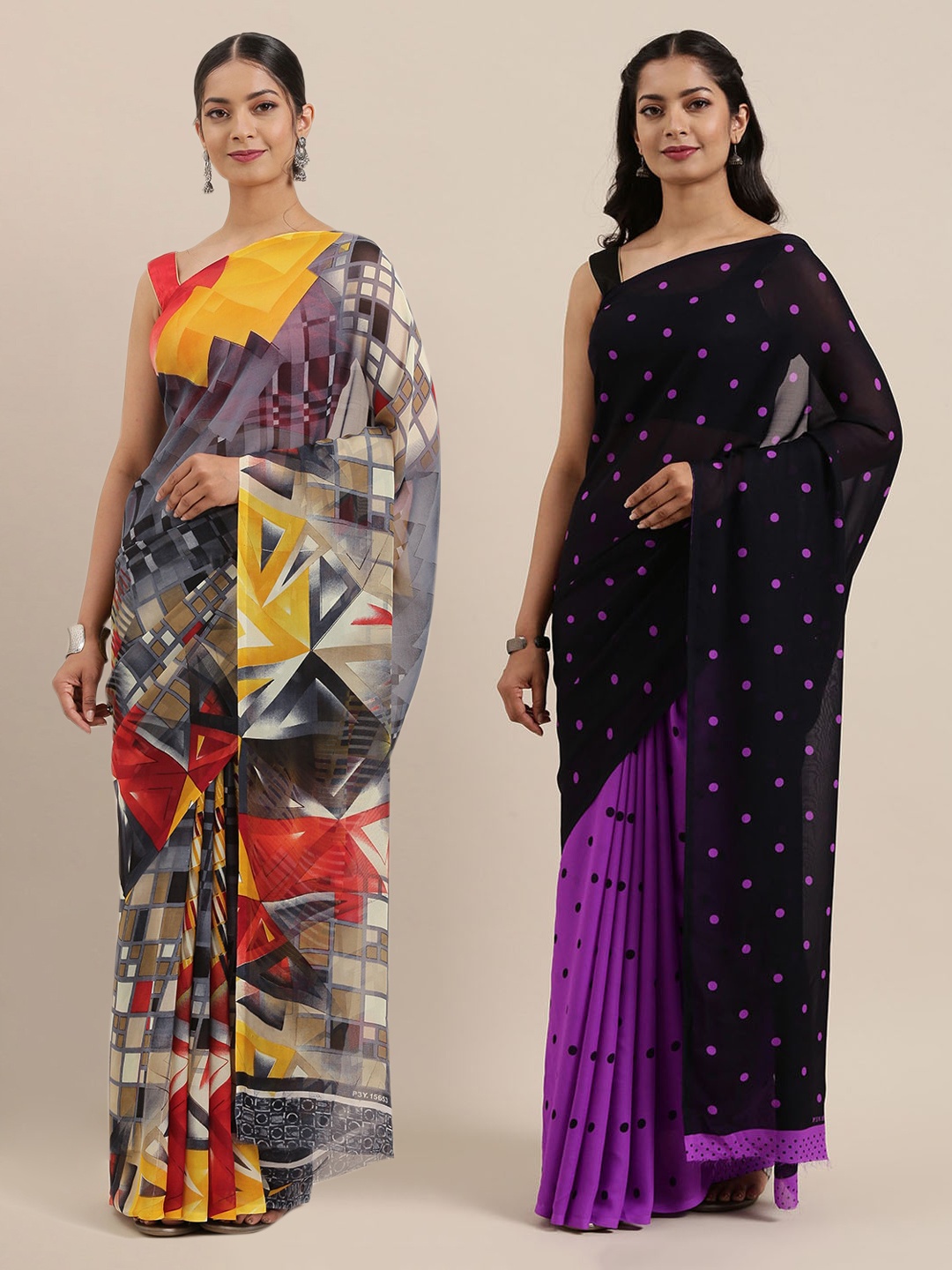 

ANAND SAREES Pack Of 2 Printed Poly Georgette Sarees, Black