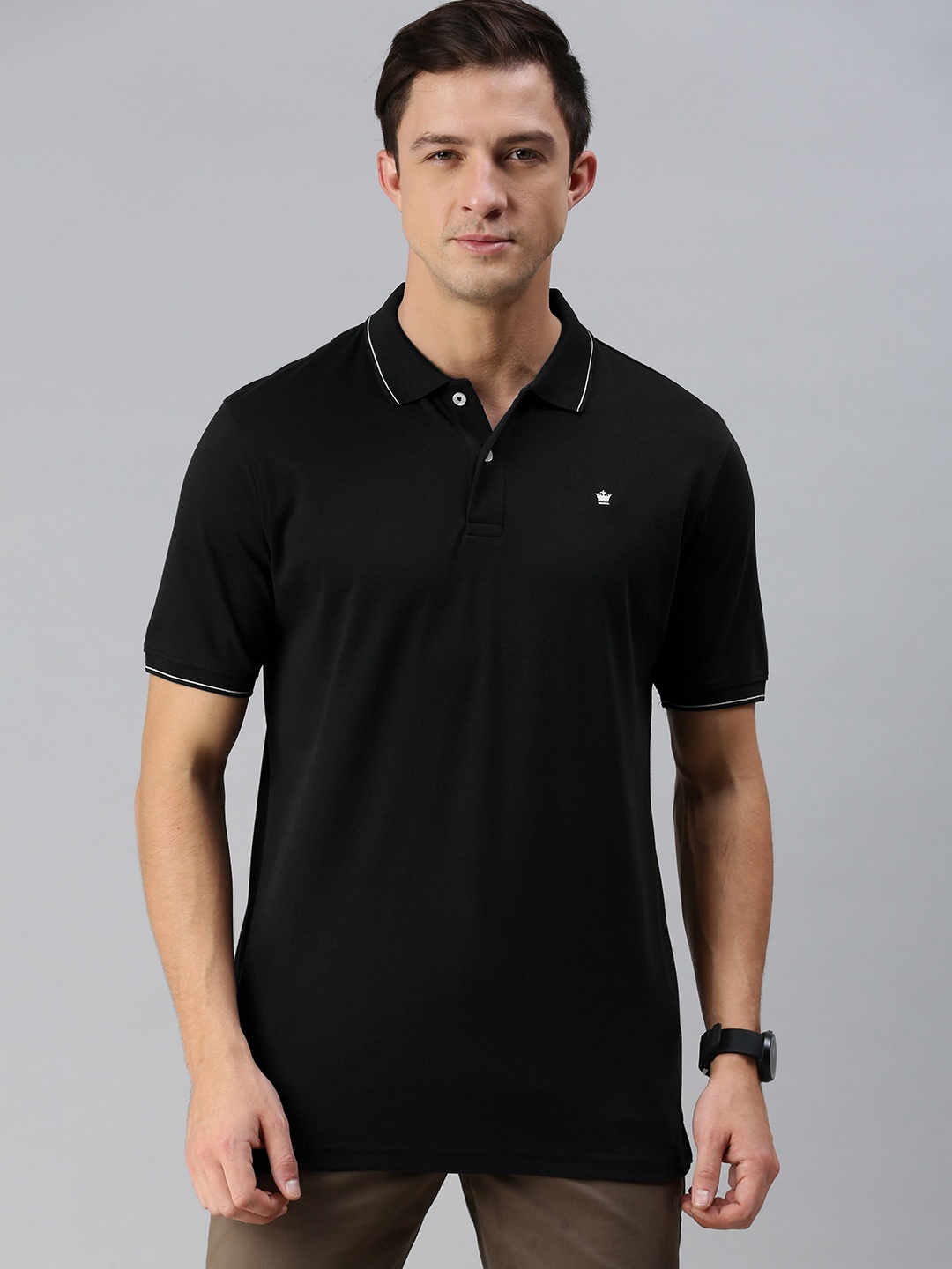 

Louis Philippe Men Black Solid Polo Collar Pure Cotton T-shirt