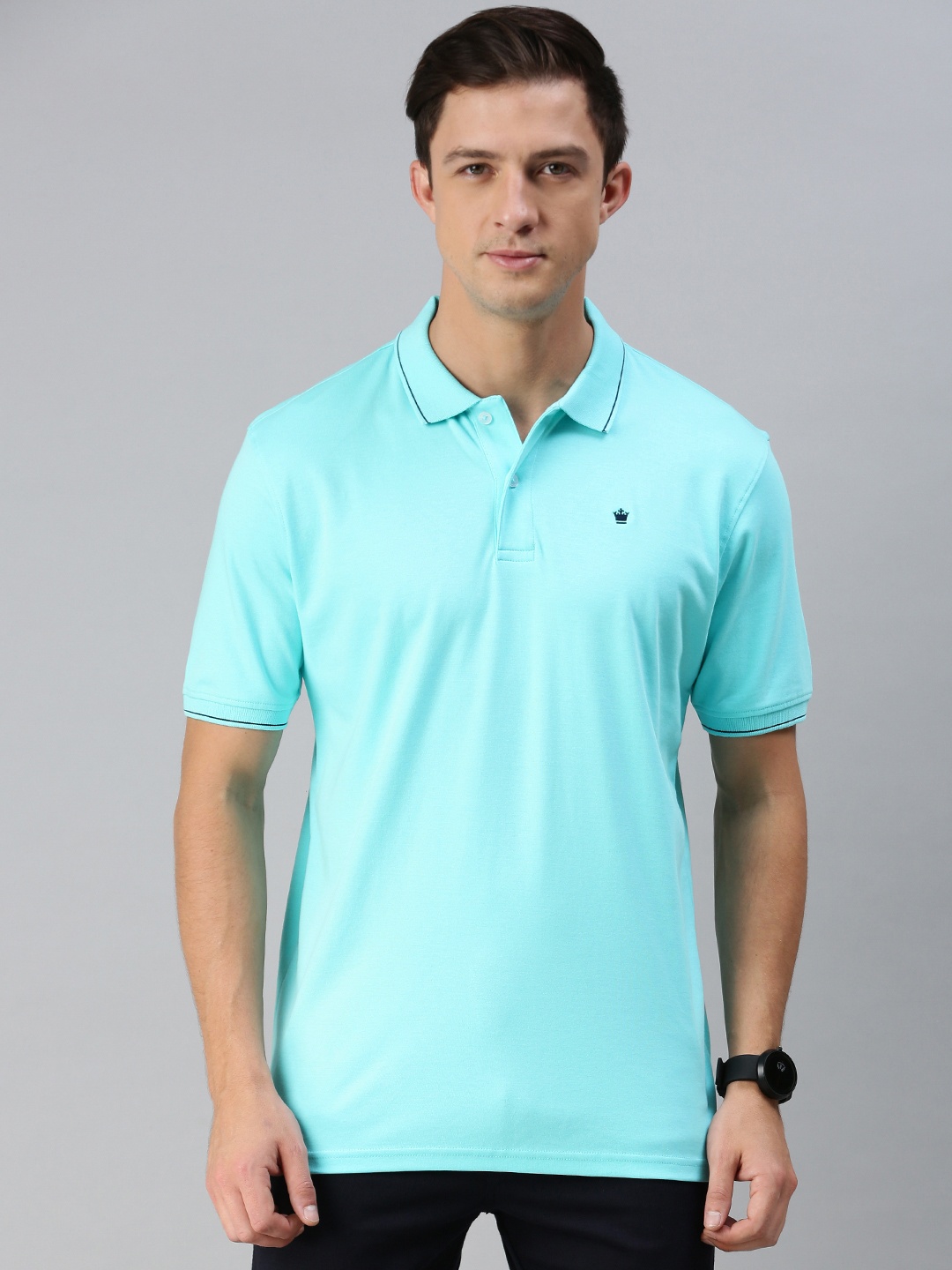 

Louis Philippe Men Turquoise Blue Solid Polo Collar Pure Cotton T-shirt