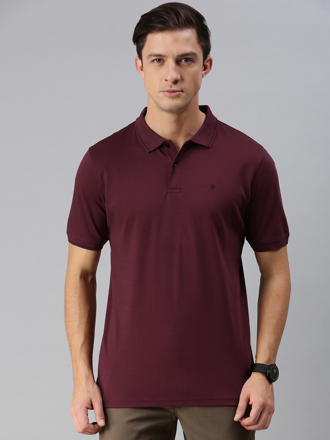 

Louis Philippe Men Burgundy Solid Polo Collar Pure Cotton T-shirt