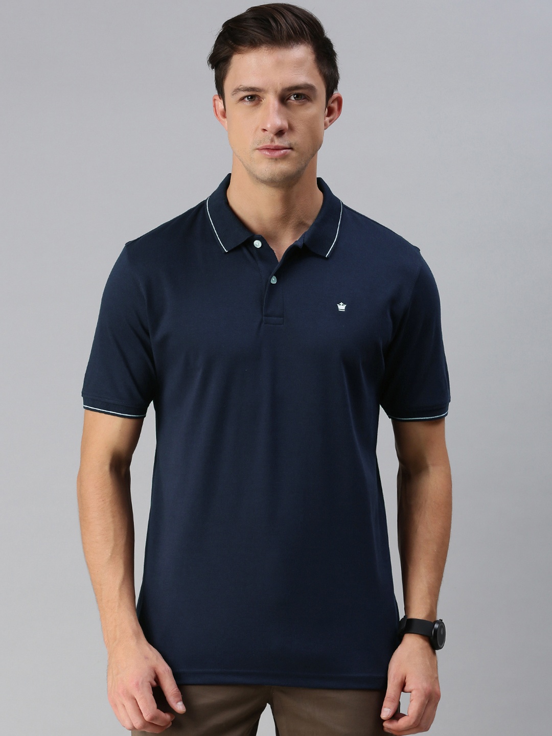 

Louis Philippe Men Navy Blue Solid Polo Collar Pure Cotton T-shirt