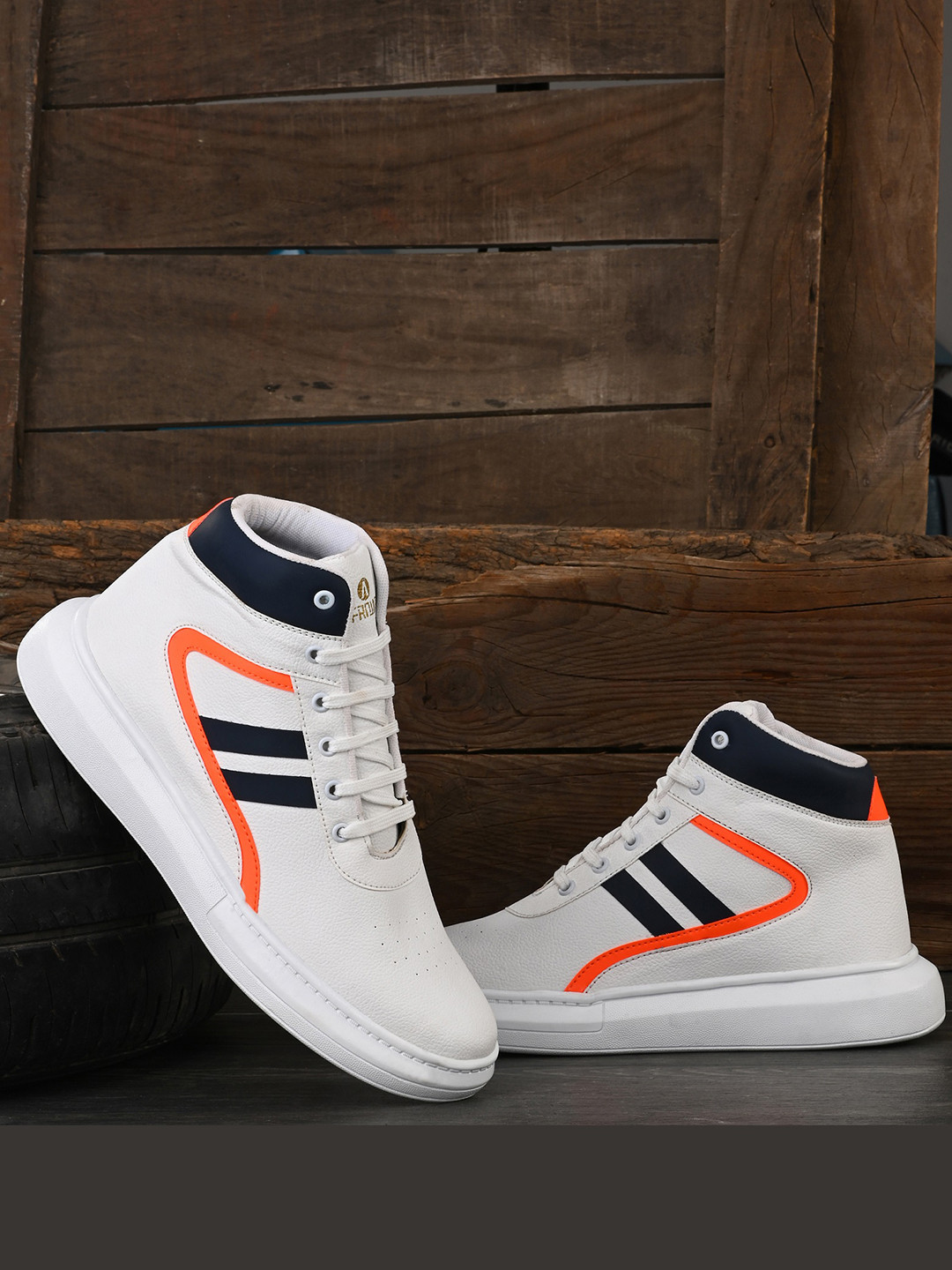 

AfroJack Men White & Navy Blue Striped Mid-Top Sneakers