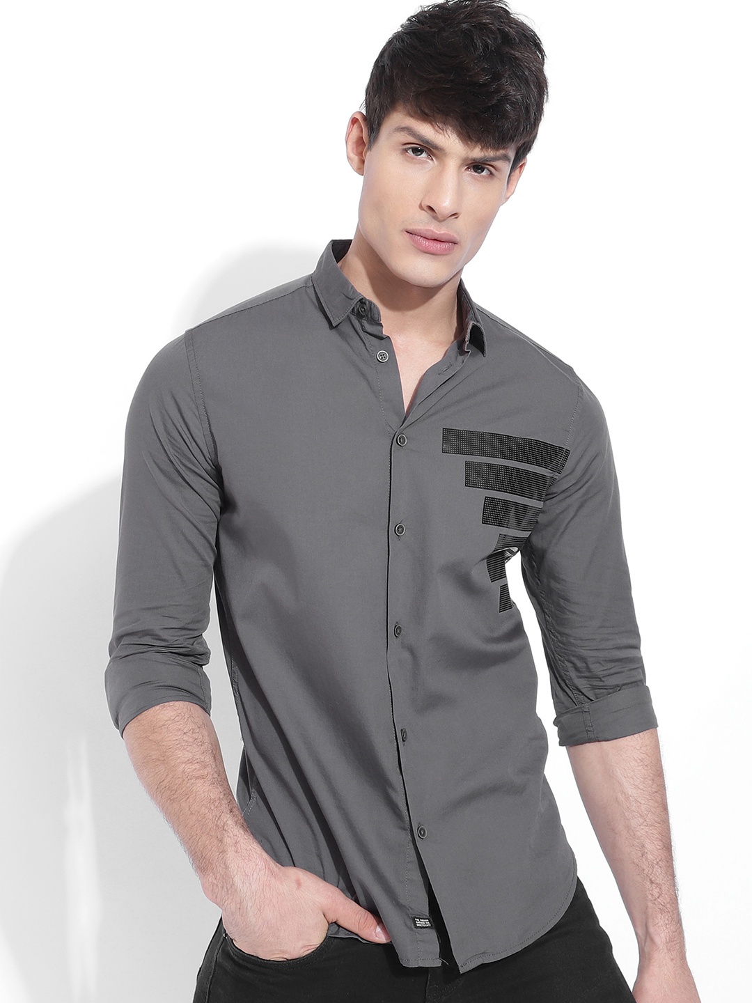 

The Indian Garage Co Men Grey Slim Fit Printed Casual Shirt