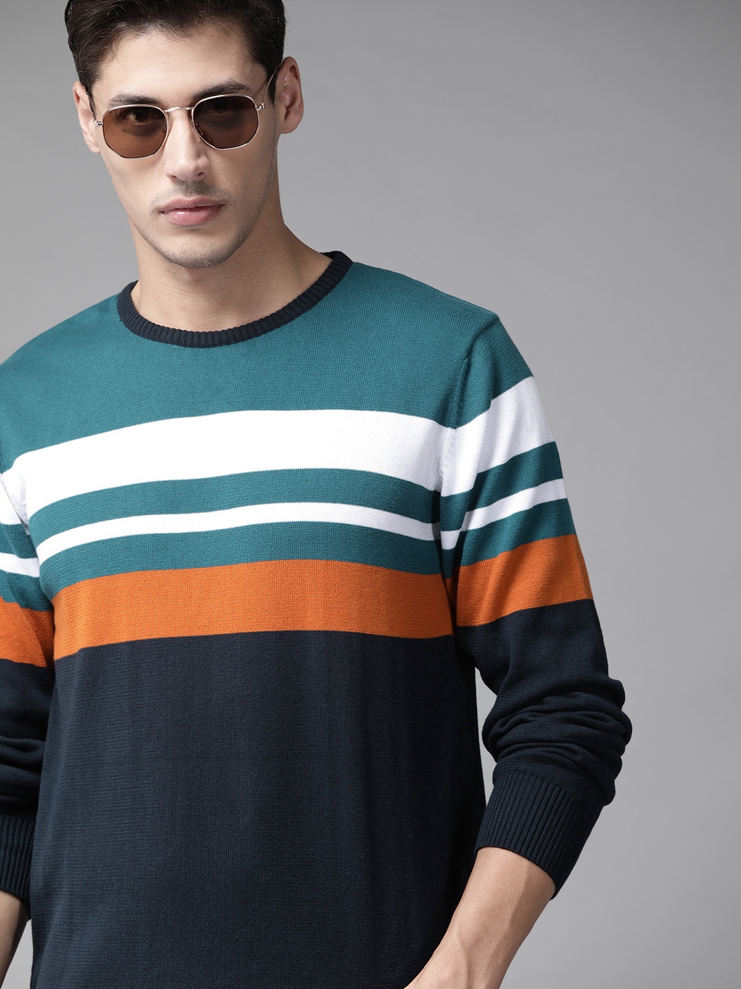 

Roadster Men Teal Green & Navy Blue Striped Pullover