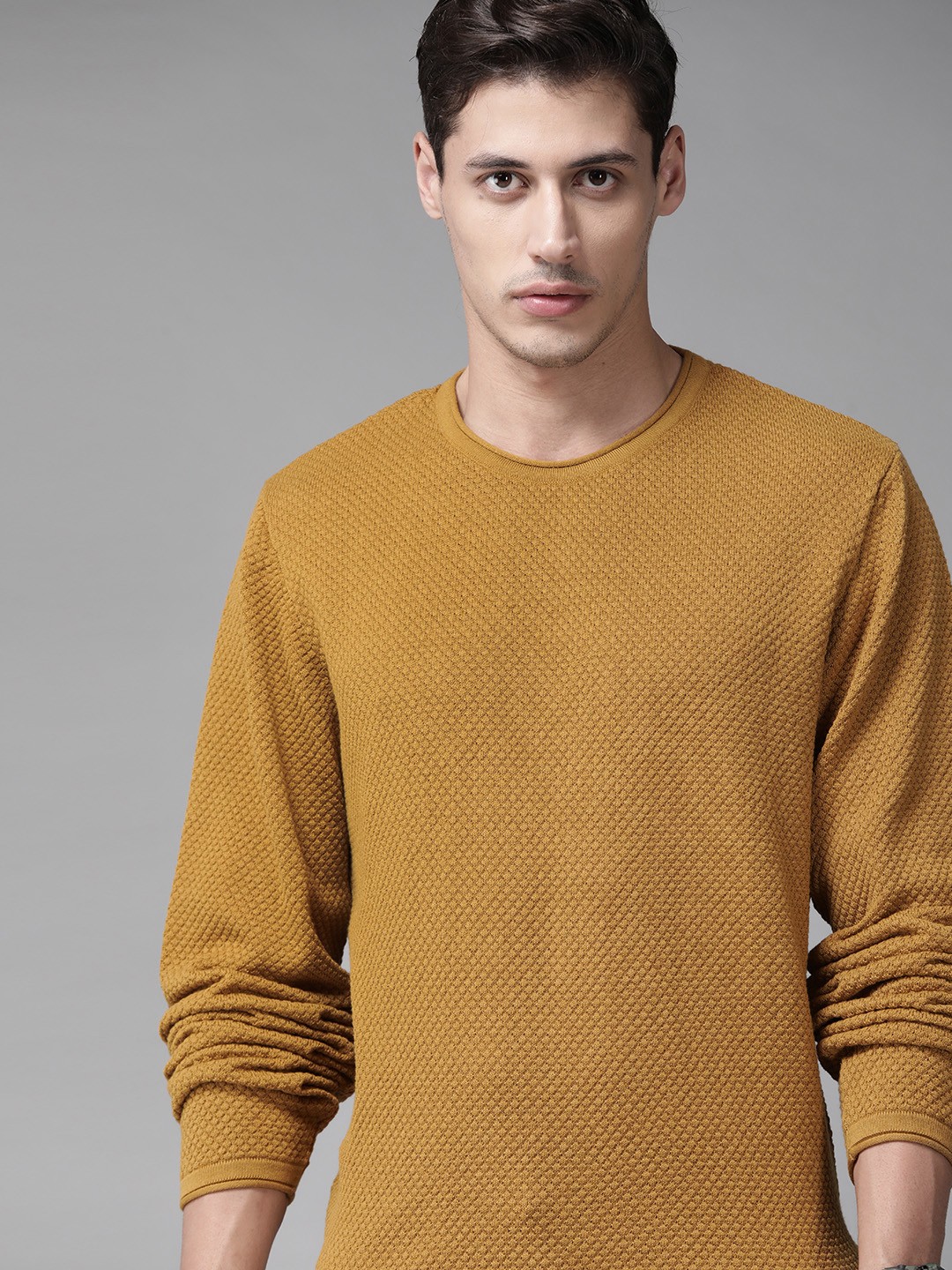 

Roadster Men Mustard Yellow Self-Design Pullover