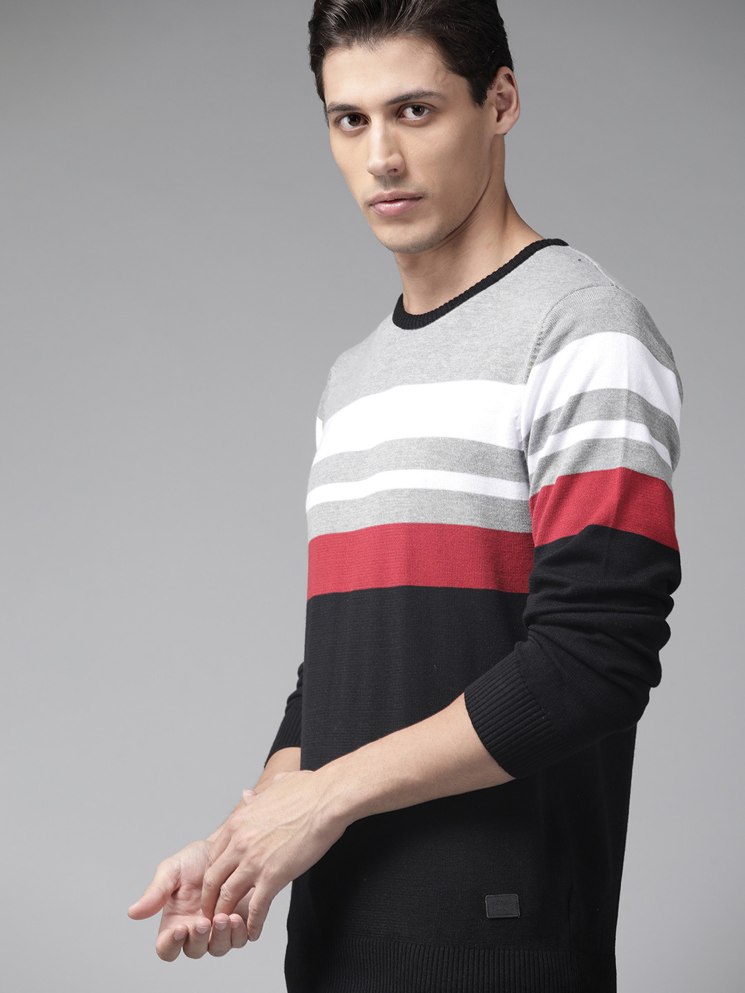 

Roadster Men Black & Grey Melange Colourblocked Pullover