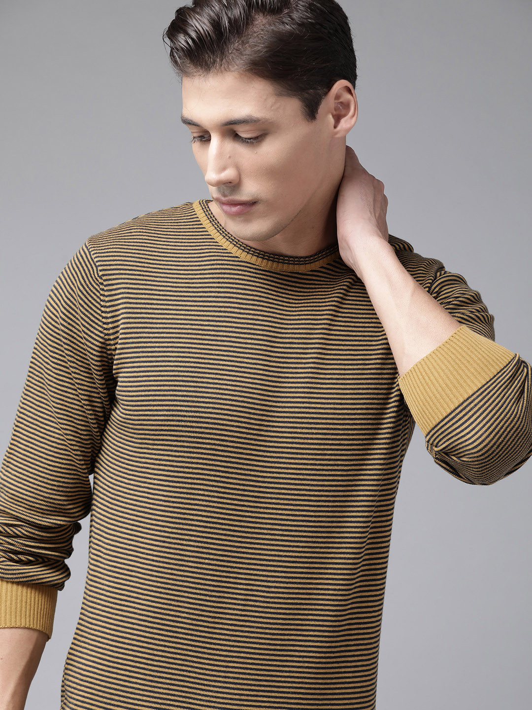 

Roadster Men Black & Mustard Yellow Striped Pullover Sweater