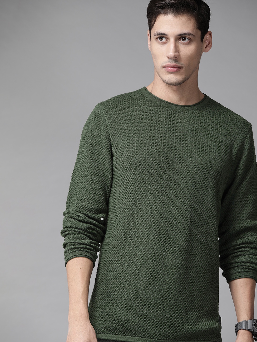 

Roadster Men Green Self-Design Pullover