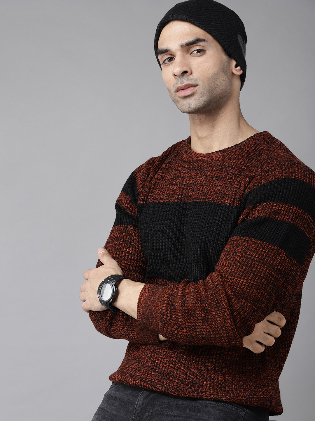 

Roadster Men Red & Black Colourblocked Pullover