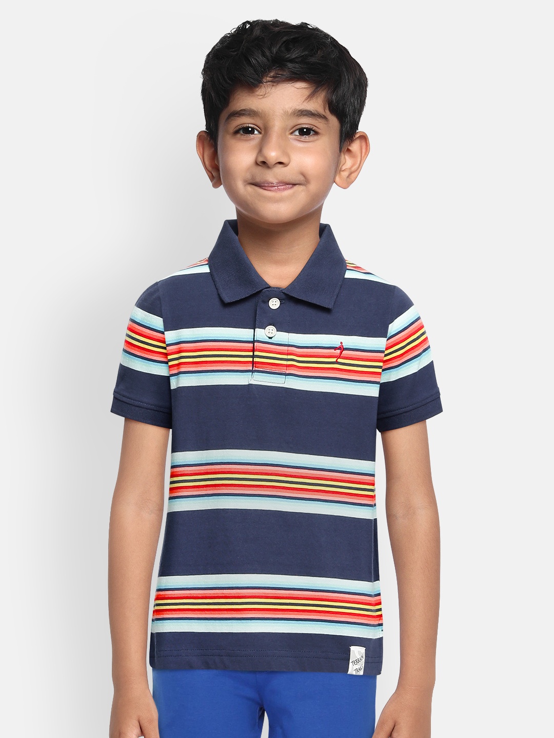 

Indian Terrain Boys Navy Blue Red Striped Pure Cotton Polo Collar Pure Cotton T-shirt