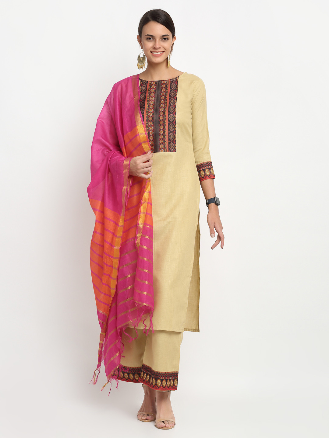 

KALINI Women Beige Yoke Design Panelled Straight Kurta with Palazzos & With Dupatta