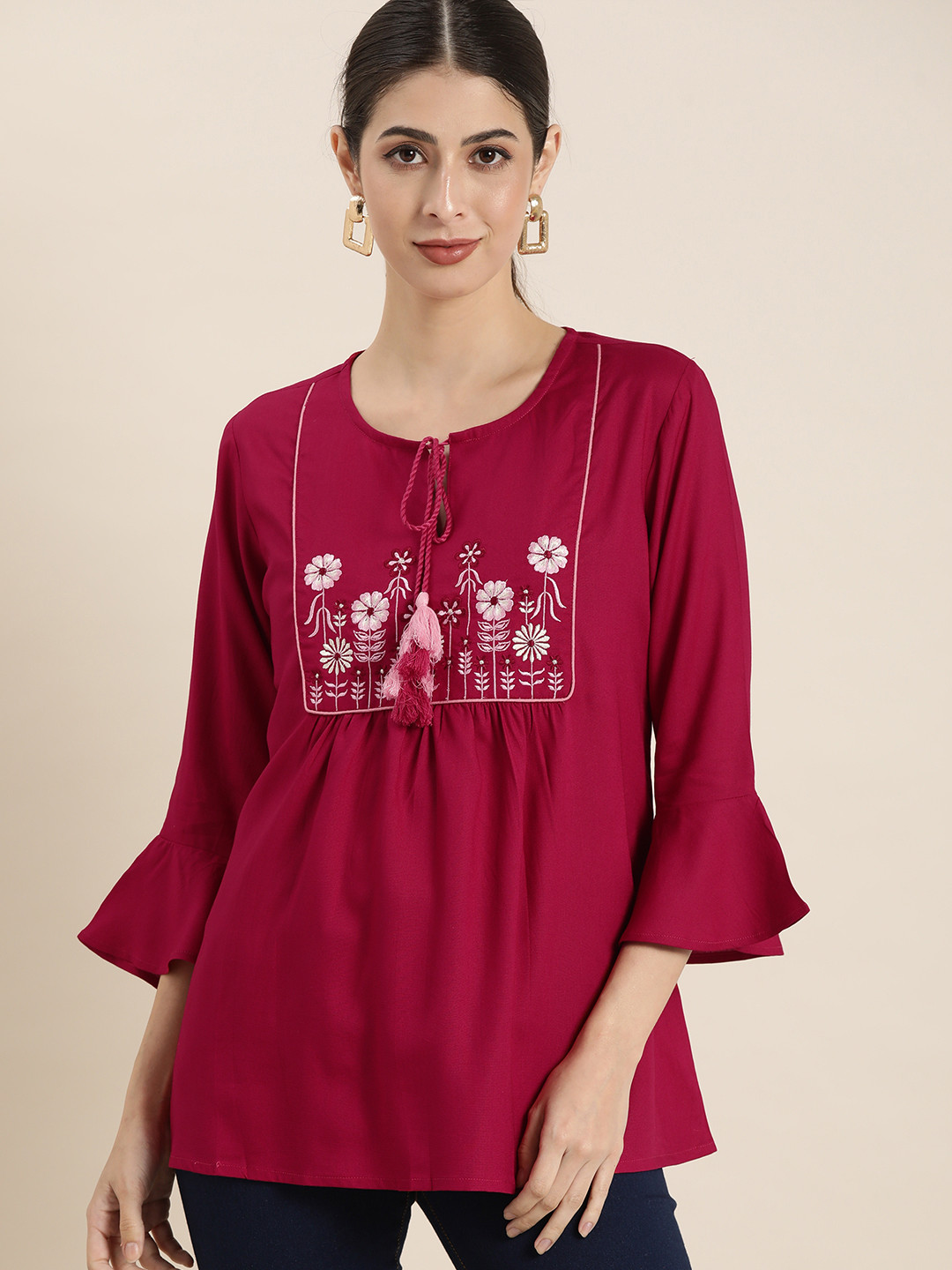 

all about you Magenta Floral Embroidered Flared Sleeves Kurti