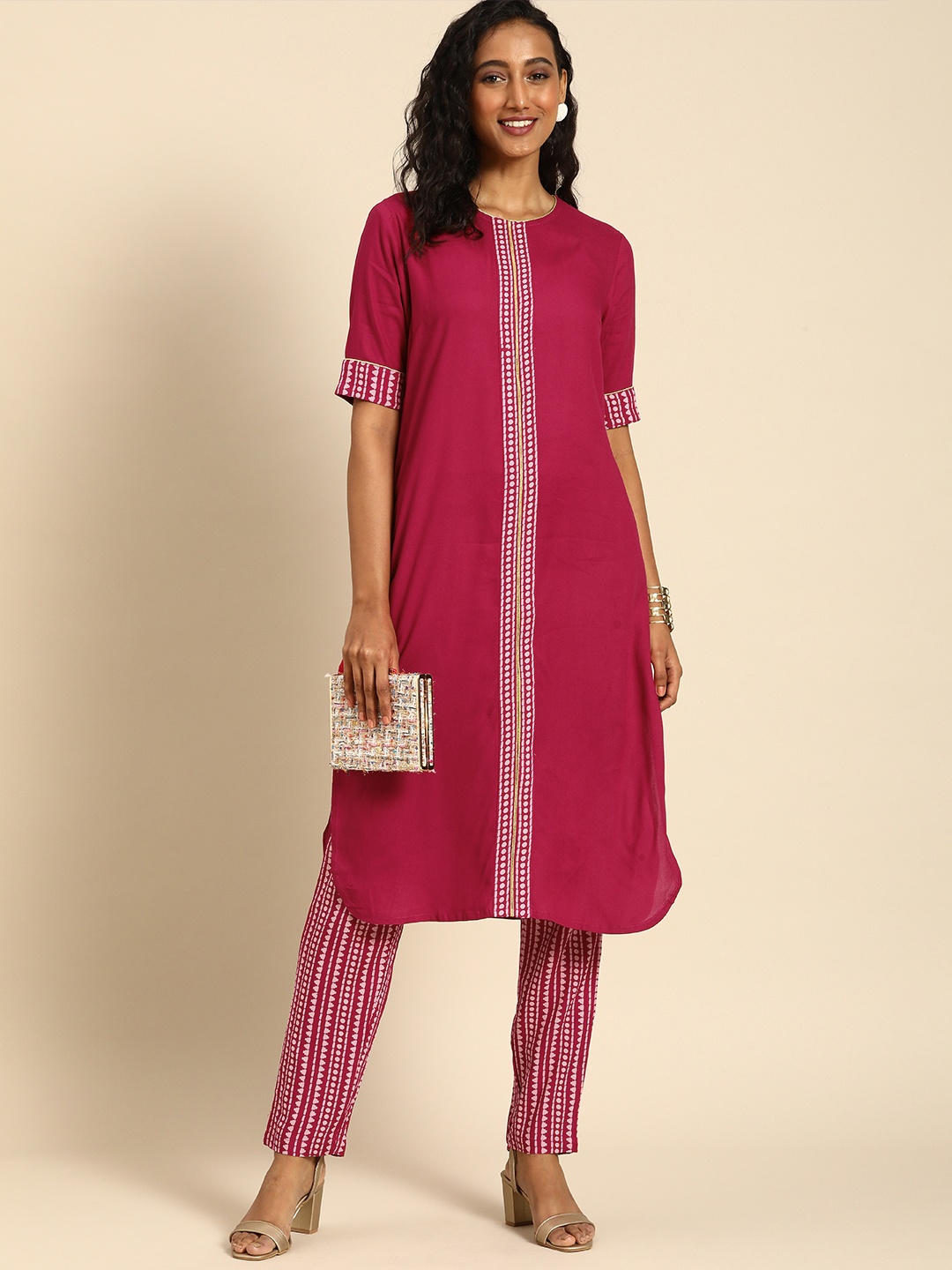 

all about you Women Pink & White Printed Regular Kurta with Trousers