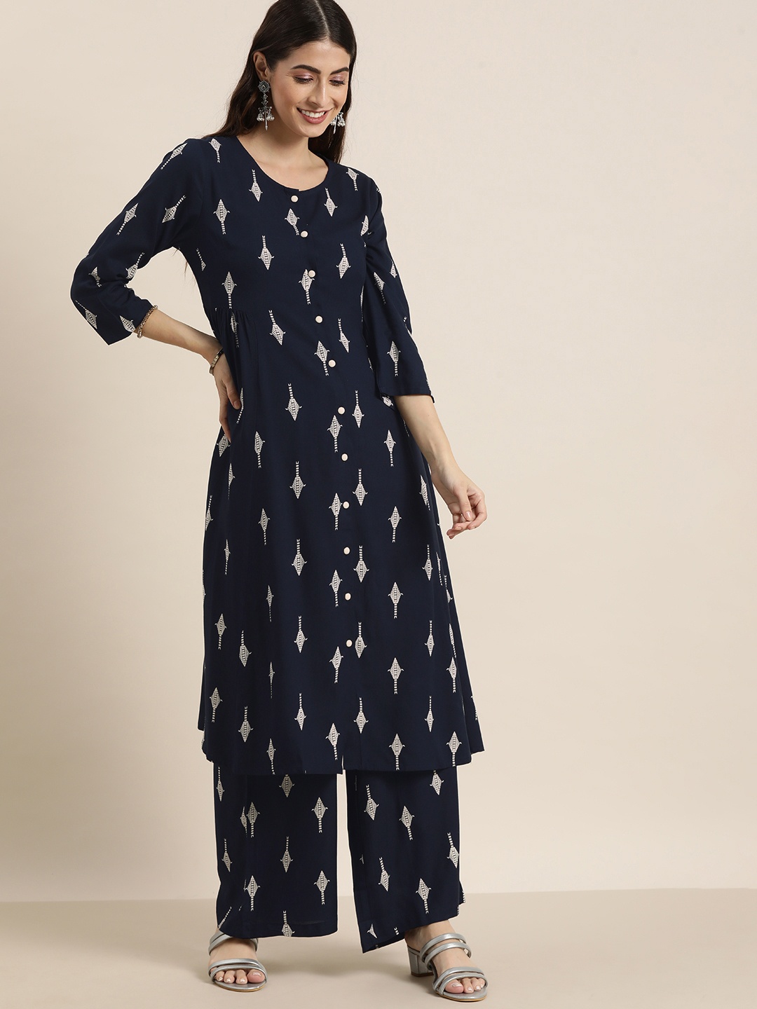 

all about you Women Navy Blue Ethnic Motifs Printed Regular Kurta with Palazzos