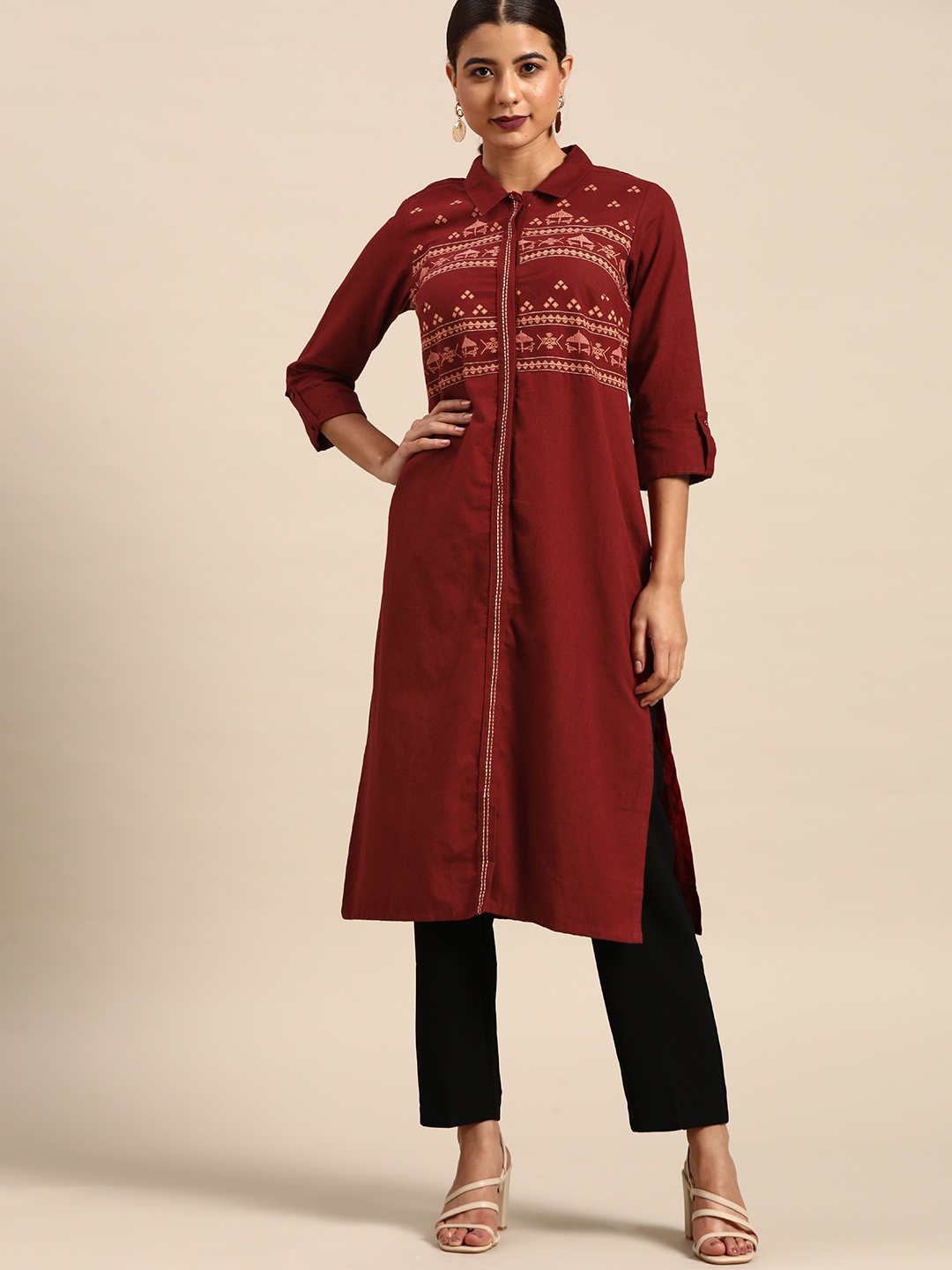 

all about you Women Maroon & Coral Orange Ethnic Motifs Printed Cotton Linen Kurta