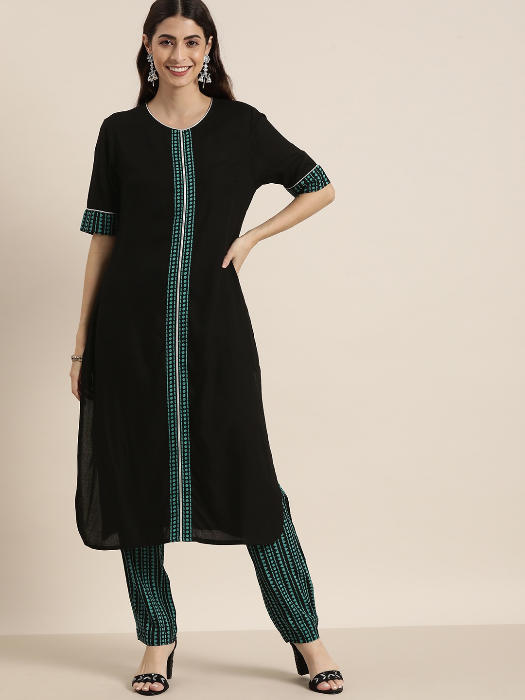 

all about you Women Black Printed Regular Kurta with Trousers