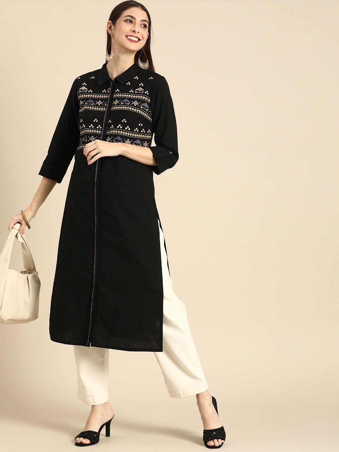 

all about you Women Black & Beige Ethnic Motifs Yoke Design Kurta