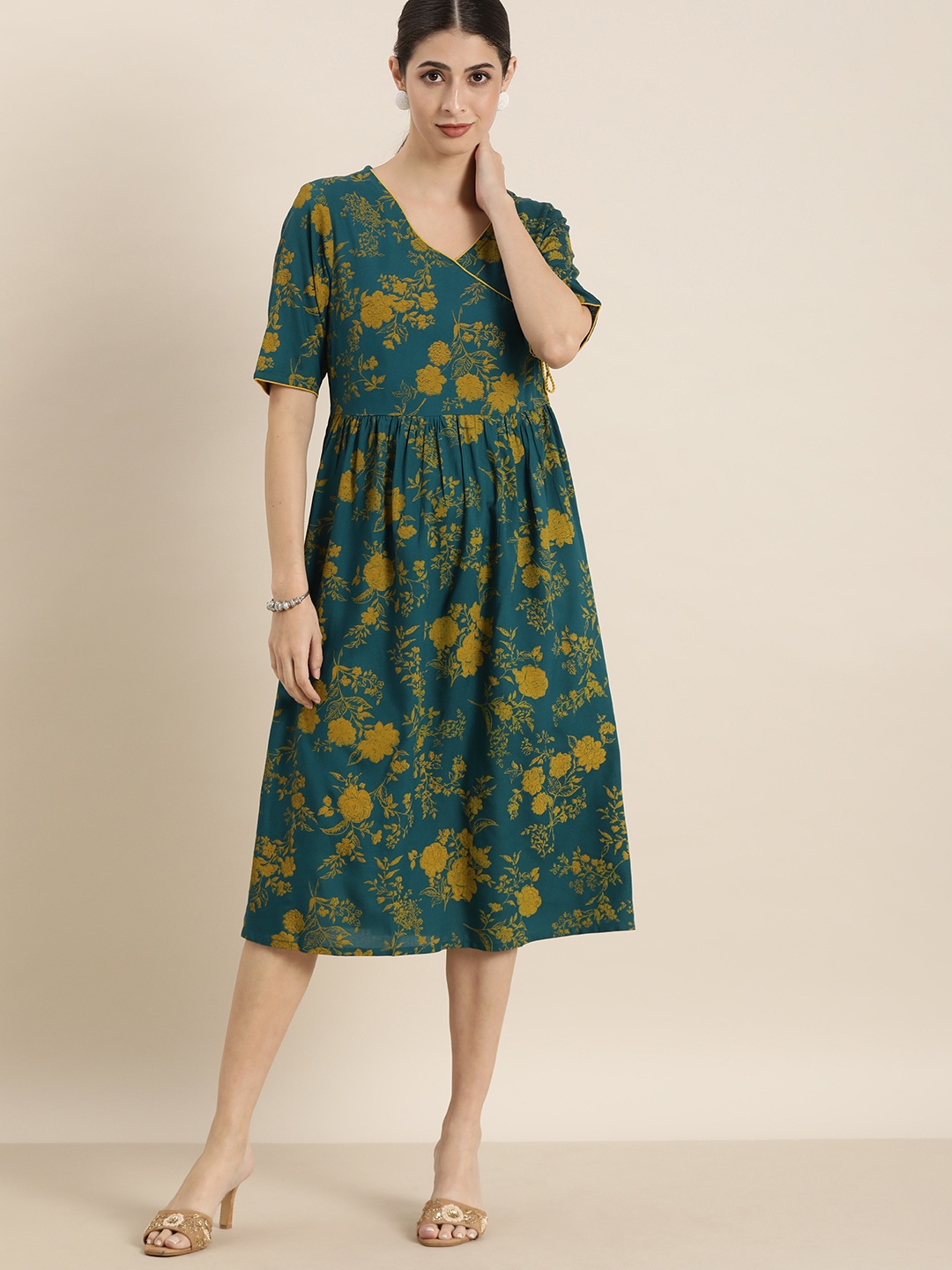 

all about you Teal Blue & Mustard Yellow Floral Print Ethnic Midi Wrap Dress