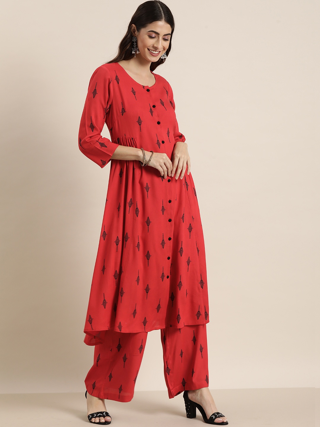 

all about you Women Red Ethnic Motifs Printed Pleated Kurta with Palazzos