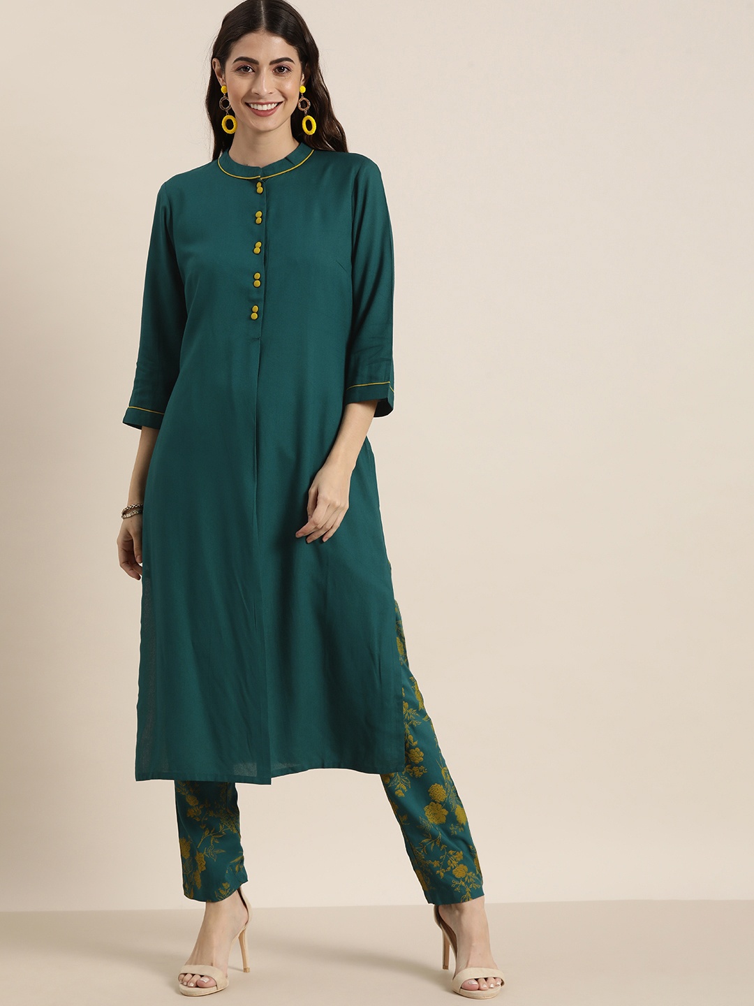 

all about you Women Green Floral Regular Kurta with Trousers